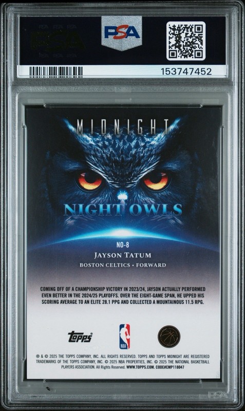 2025-26 Topps Midnight - Night Owls Jayson Tatum #NO-8 PSA 10 GEM MINT POP 1 view 2