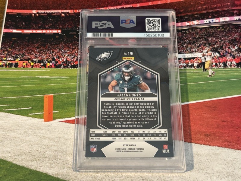 Jalen Hurts 2024 Mosaic Football Green Parallel PSA 6 NFL Philadelphia Eagles view 2