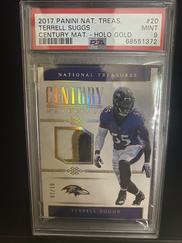 2017 National Treasures Terrell Suggs Game Worn Patch  Gold /10 PSA 9 