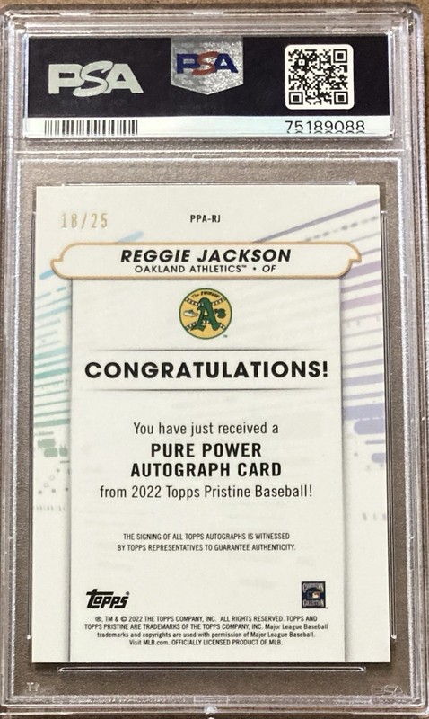 2022 Topps Pristine Reggie Jackson ORANGE REFRACTOR /25 AUTO PSA 10 GEM MINT view 2