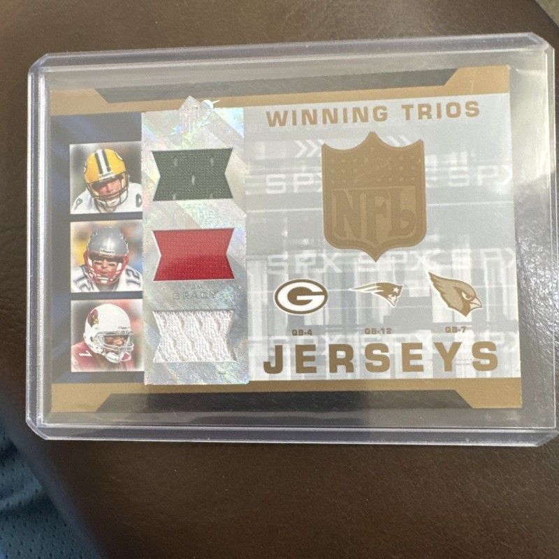 2007 SPX Football Winning Trios Farve, Brady, Leinart GAME WORN JERSEYS GOAT