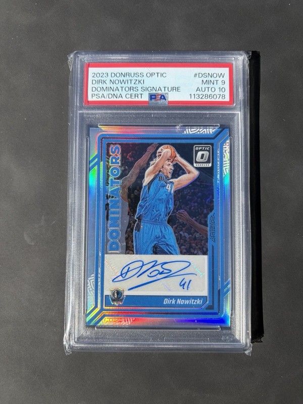 Dirk Nowitzki Panini 2023-24 Donruss Optic Dominators Auto /25 PSA 9