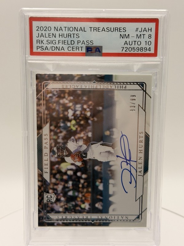 2020 Panini National Treasures - Field Pass Jalen Hurts #FP-JAH /99 psa 10 auto view 2