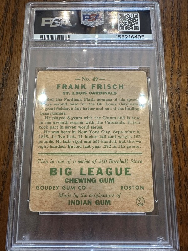 1933 Goudey Frank Frisch #49 PSA 1 PR view 2