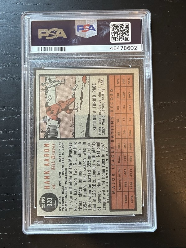 1962 Topps Hank Aaron #320 PSA 6 EX - MT Milwaukee Braves HOF Well Centered view 2