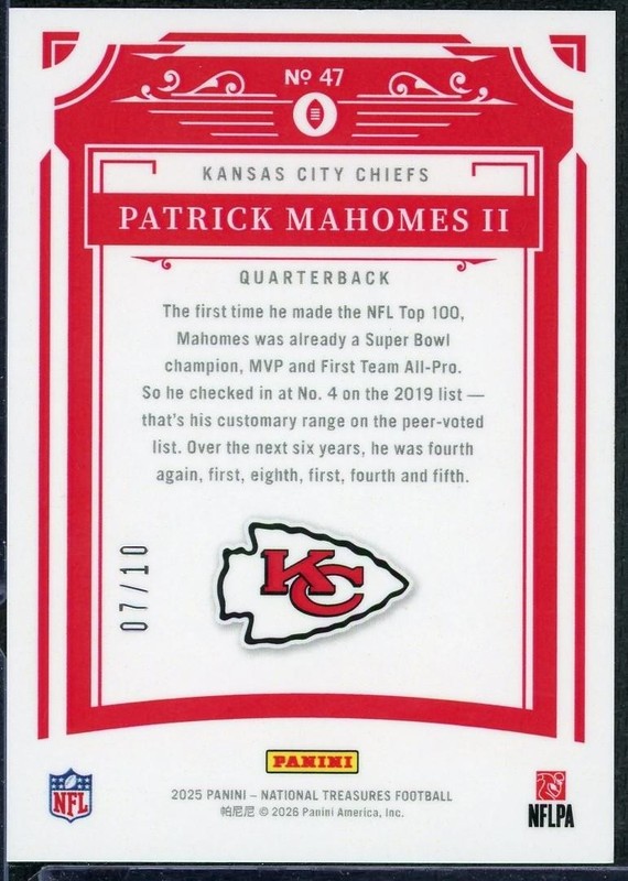 2025 Panini National Treasures Patrick Mahomes Gold /10 view 2