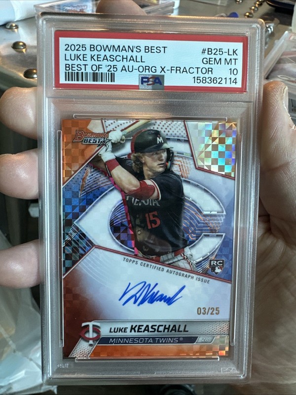 2025 BOWMAN'S BEST LUKE KEASCHALL /25 BEST OF '25 AUTO ORANGE X-FRACTOR PSA 10