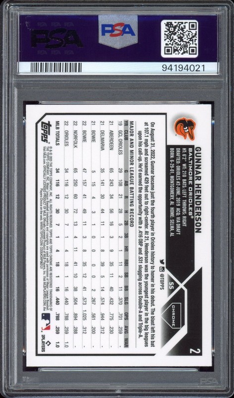 Gunnar Henderson (RC) #2 Negative Refractor 2023 Topps Chrome - PSA 9 - Orioles view 2