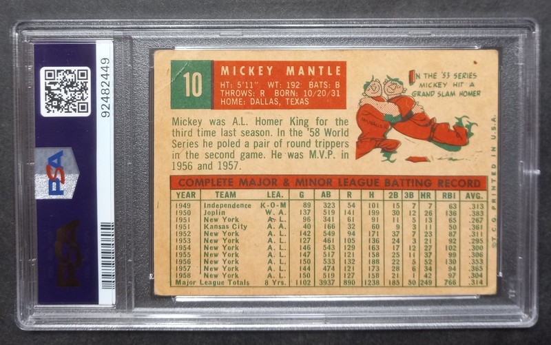 1959 Topps - #10 Mickey Mantle - HOF - PSA 2 GOOD view 2