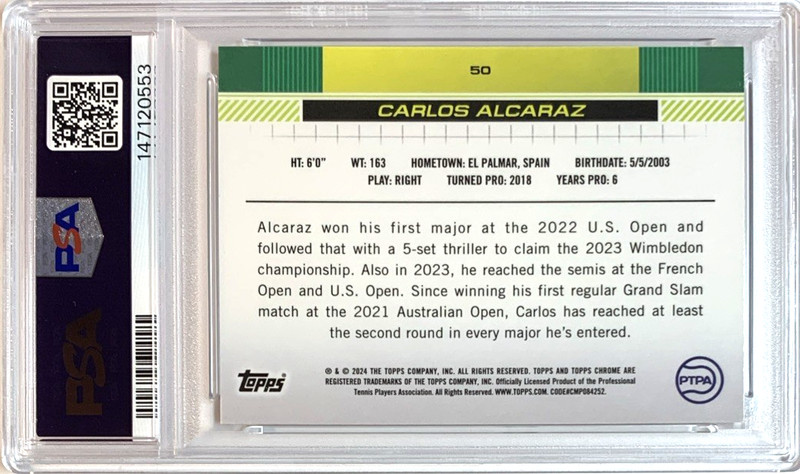2024 TOPPS CHROME TENNIS #50 CARLOS ALCARAZ CLAY COURT REFRACTOR PSA 9--PERFECT view 2