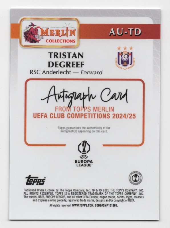 2024-25 Topps Merlin UEFA TRISTAN DEGREEF #AU-TD Base Rookie Auto view 2