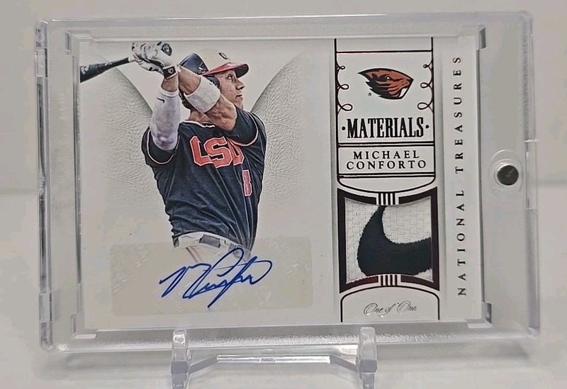 Michael Conforto 2015 National Treasures 1/1 Nike patch One Of One LSU Mets Cubs view 2