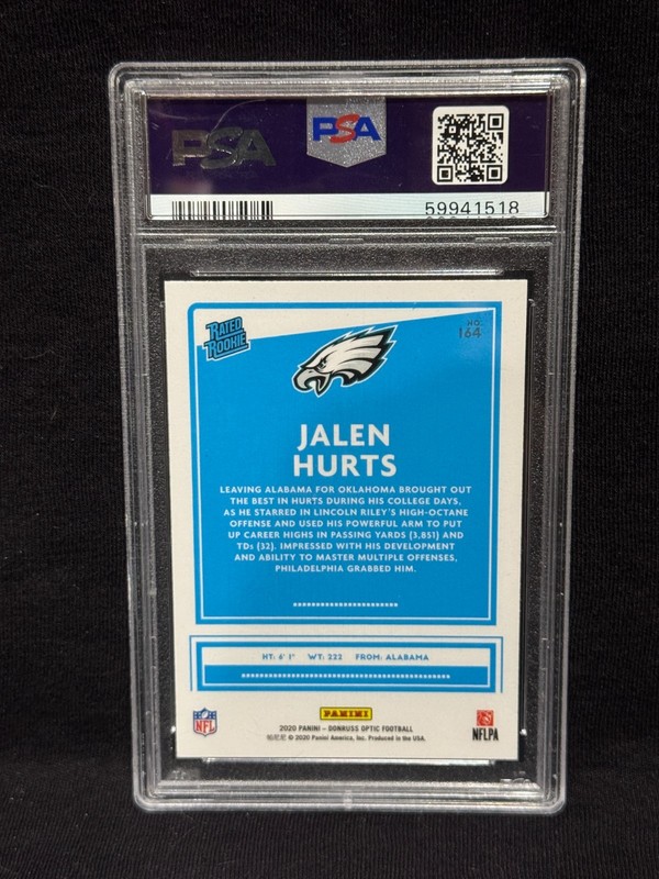 JALEN HURTS EAGLES 2020 PANINI DONRUSS OPTIC ROOKIE CARD #164 GEM MINT PSA 10 view 2
