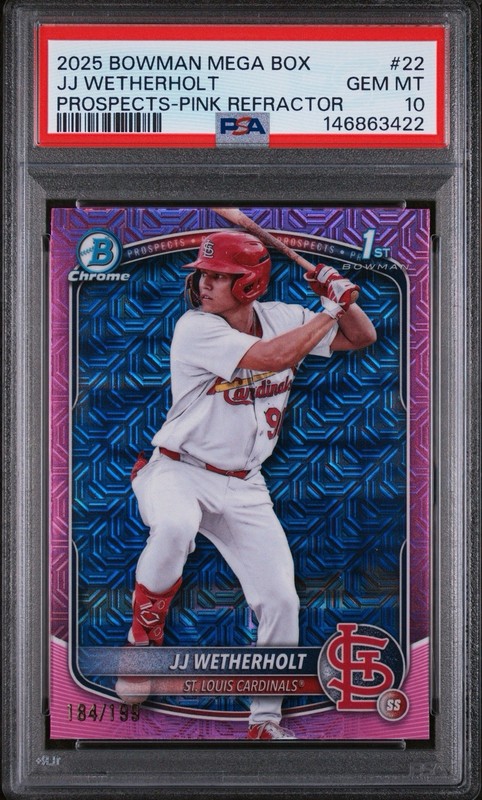 2025 Bowman Mega Box Prospects JJ Wetherholt #BCP-22 Pink Refractor /199 PSA 10