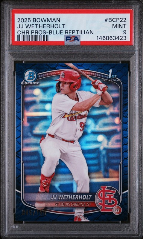 2025 Bowman Chrome Prospects JJ Wetherholt #BCP-22 Blue Reptilian /150 PSA 9