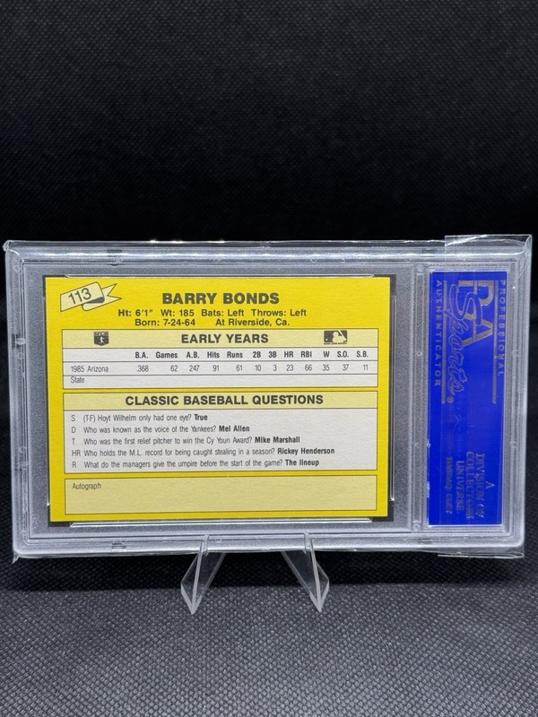 1987 Classic Travel Update Yellow Barry Bonds Rookie #113 PSA 10 Gem Mint RC view 2