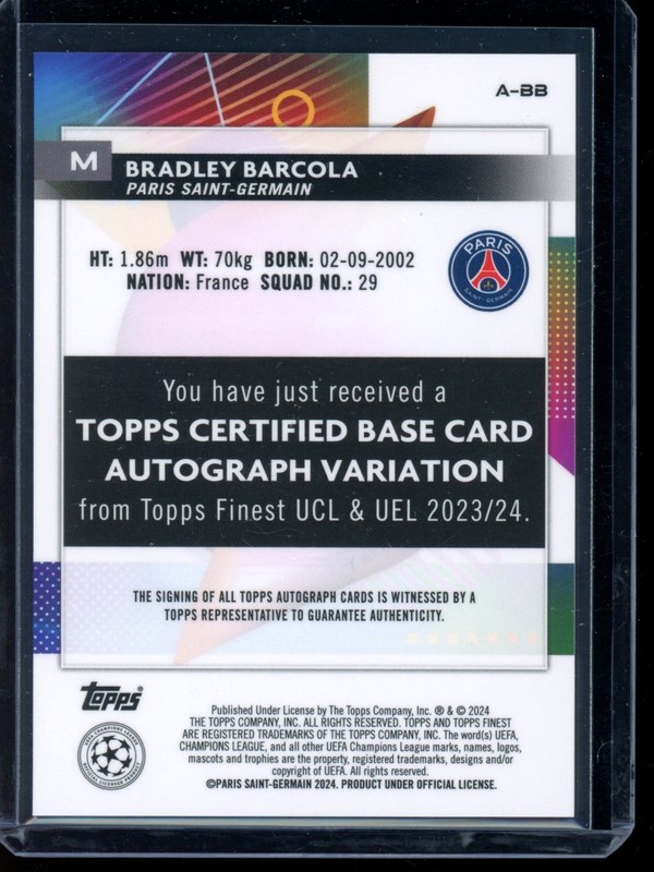 Bradley Barcola 2023-24 Topps Finest UEFA Club Competitions - Auto #A-BB view 2