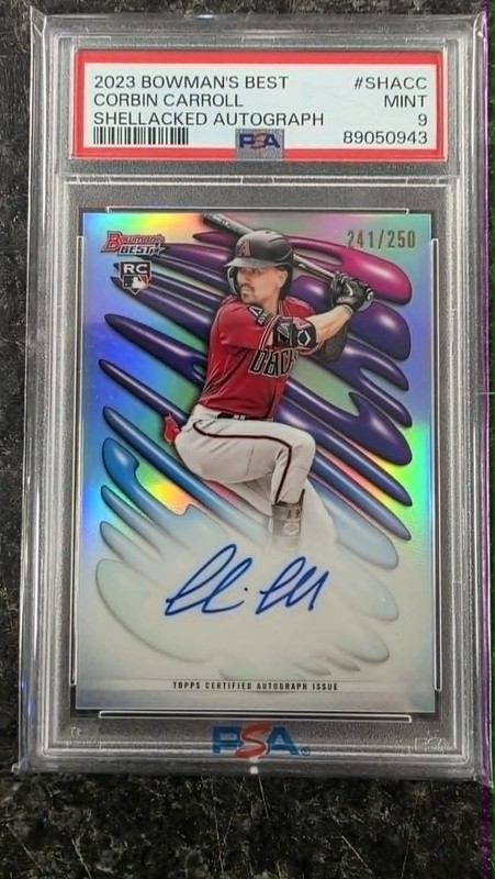 2023 BOWMAN'S BEST CORBIN CARROLL SHELLACKED AUTO 241/250 RC ROOKIE PSA 9