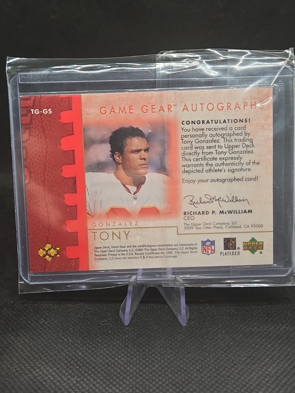 2001 Upper Deck Game Gear Auto Tony Gonzalez #TG-GS Auto HOF view 2