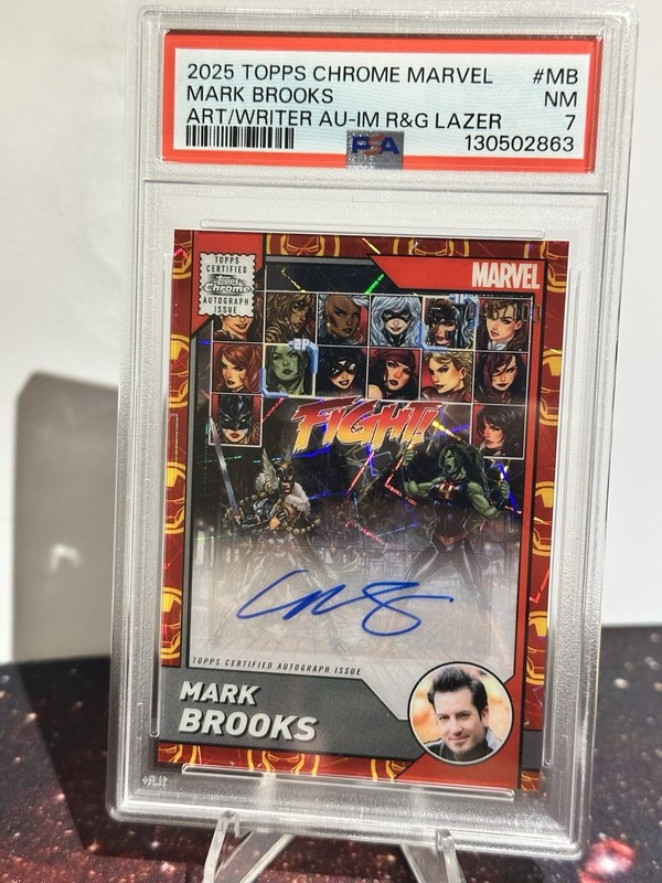 2025 Topps Chrome Marvel Mark Brooks Artist Auto Iron Man Red old Refractor /100