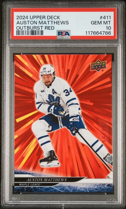 2024-25 Upper Deck #411 Auston Matthews Outburst Red 13/25 PSA 10 Pop 1!!!
