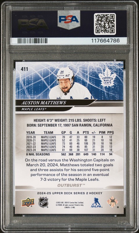 2024-25 Upper Deck #411 Auston Matthews Outburst Red 13/25 PSA 10 Pop 1!!! view 2