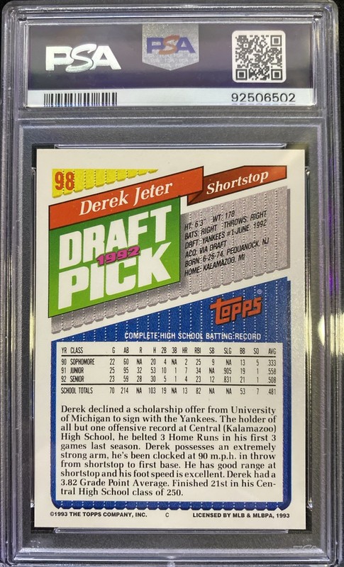 1993 TOPPS COL. ROCKIES INAUGURAL #98 DEREK JETER ROOKIE RC PSA 8 view 2