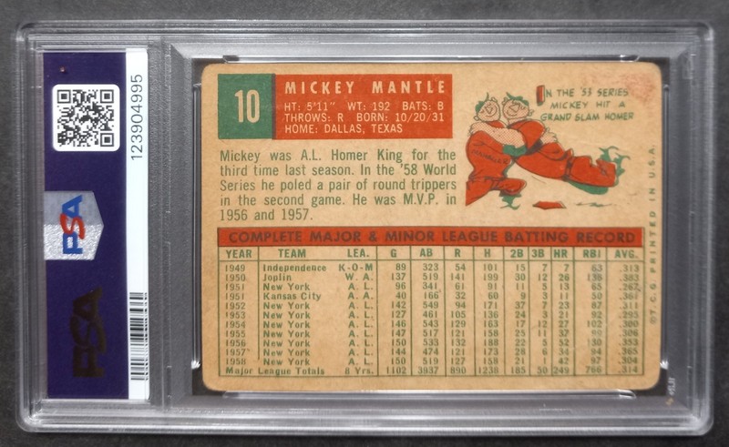 1959 Topps - #10 Mickey Mantle - HOF - PSA 1.5 FR view 2