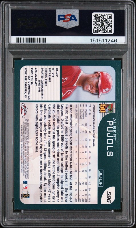 Topps 2001 Chrome Albert Pujols #596 Rookie PSA 8 St. Louis Cardinals view 2