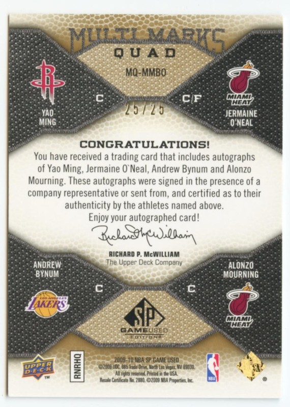 2009-10 UD SP Game Used Yao Ming O'neal Bynum Mourning Multi Marks Quad Auto /25 view 2
