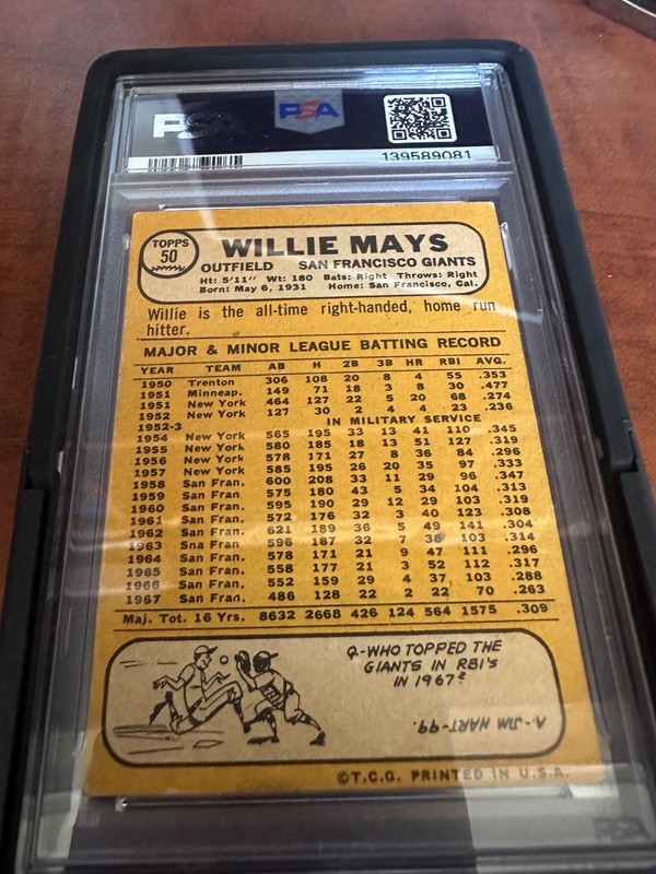 1968 Topps Baseball - #50 Willie Mays San Francisco Giants HOF PSA 3 VG view 2