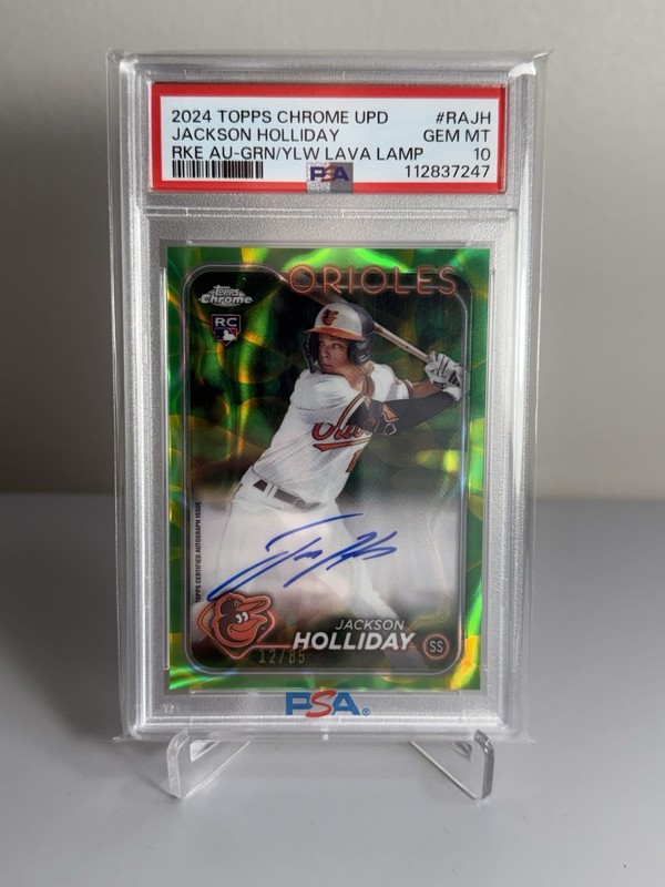 Jackson Holliday 2024 Topps Chrome Green Yellow Lava RC Auto /85 PSA 10