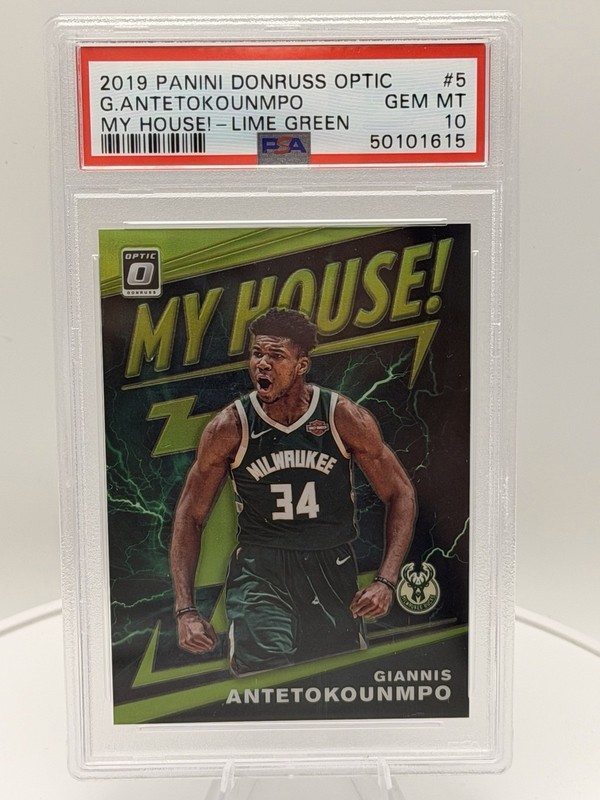 2019 DONRUSS OPTIC MY HOUSE! LIME GREEN PRIZM GIANNIS ANTETOKOUNMPO #/149 PSA 10