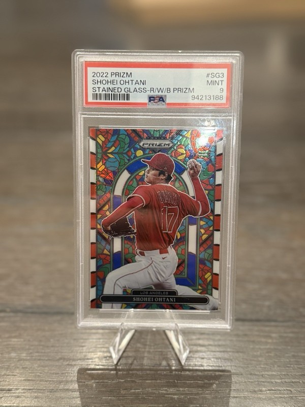 2022 PANINI PRIZM STAINED GLASS RED/WHITE/BLUE PRIZM #SG3 SHOHEI OHTANI PSA 9