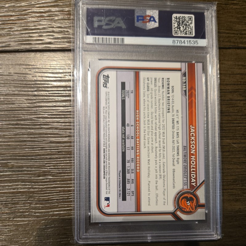 2022 Bowman Draft Jackson Holliday Rookie 1st Bowman BD168 PSA 10 GEM MT Orioles view 2