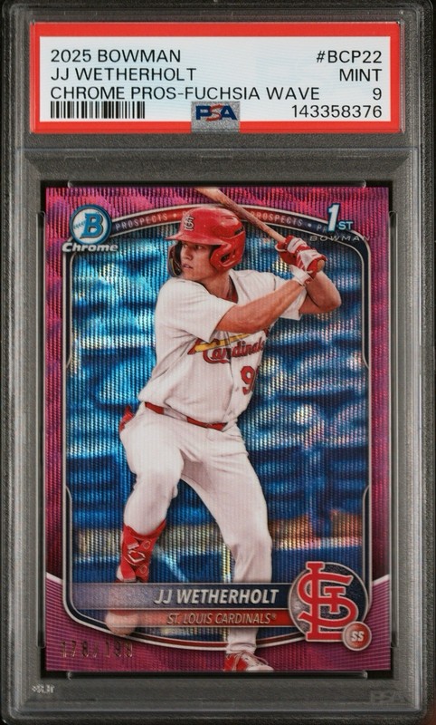 2025 BOWMAN CHROME PROSPECTS FUCHSIA WAVE REFR #BCP22 JJ WETHERHOLT #/199 PSA 9