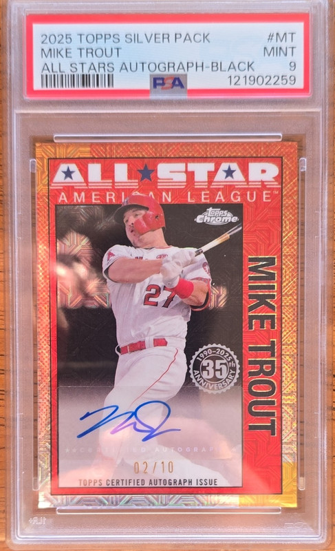 Topps 2025 Series 2 Chrome Silver Pack Mike Trout Auto Black Refractor /10 PSA 9