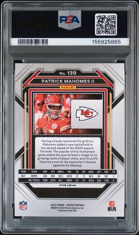 2022 Panini Prizm Football PATRICK MAHOMES Silver PRIZM #139 PSA 9 KC Chiefs view 2
