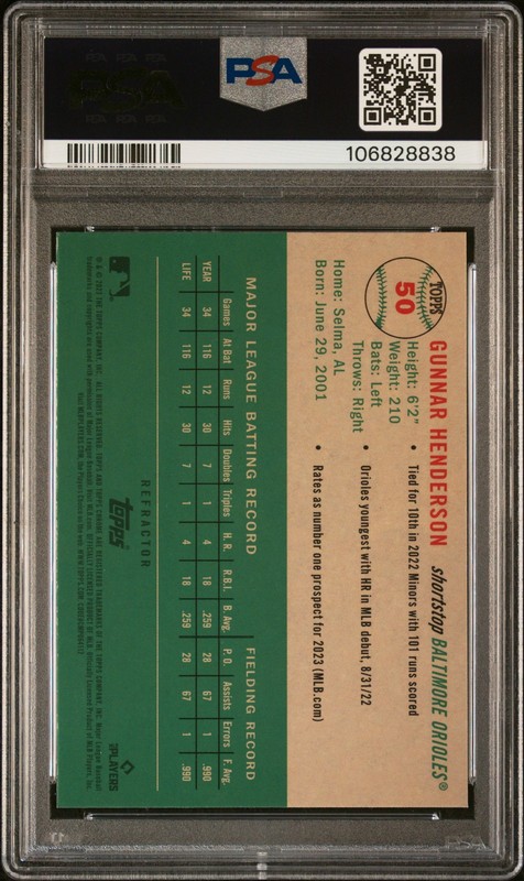 2023 Topps Chrome Platinum Anny #50 Gunnar Henderson Refractor PSA 10 (RC) view 2