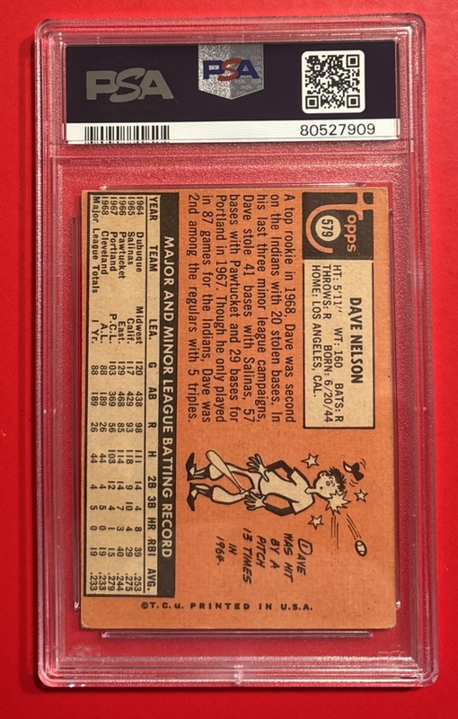 1969 TOPPS DAVE NELSON #579 Graded Baseball Card PSA 3 Vtg CLEVELAND INDIANS RC view 2