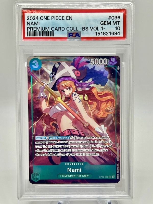 2024 One Piece Nami Premium Card Collection BS Vol. 1 OP02-036 PSA 10 ENGLISH