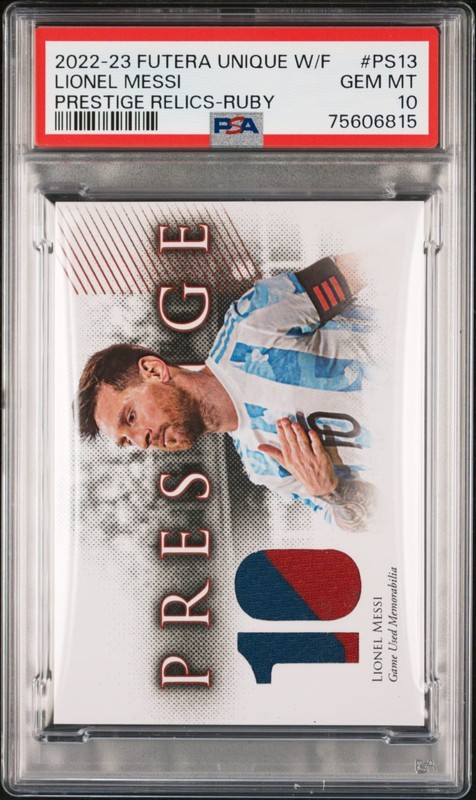 2022 Futera Prestige Game-Worn Jersey Patch Lionel Messi #PS13 Ruby # 4/5 PSA 10