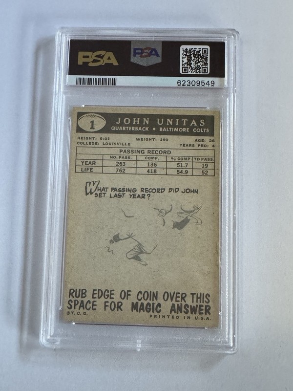 1959 TOPPS FOOTBALL #1 JOHNNY UNITAS BALTIMORE COLTS PSA 5 view 2
