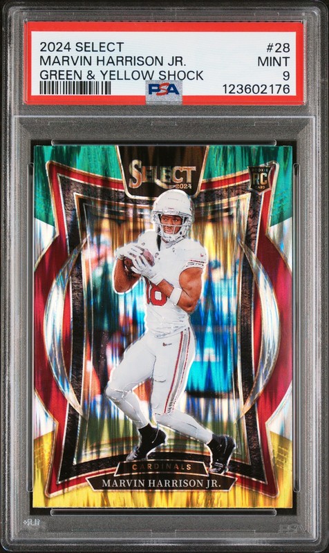 Marvin Harrison Jr. #28 Green & Yellow Shock Panini Select PSA 9