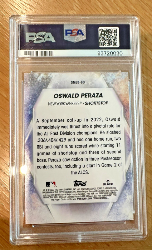 2023 Oswald Peraza NY Yankees TOPPS Stars of MLB PSA 10 RC Baseball Card view 2
