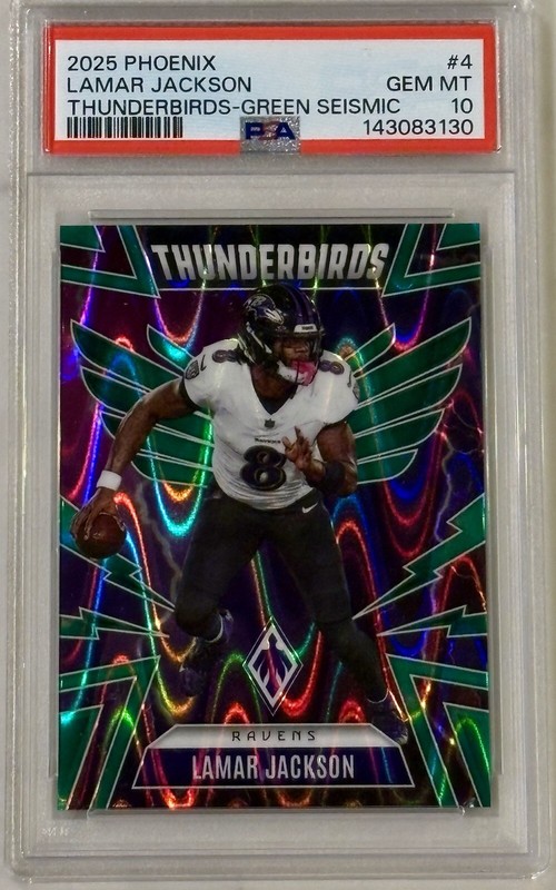 2025 Panini Phoenix GREEN SEISMIC SP /25 Thunderbirds Lamar Jackson PSA 10 POP 1