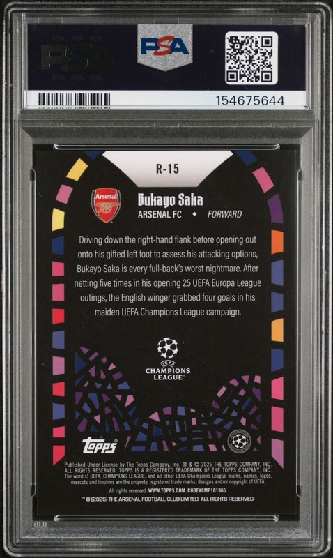 Bukayo Saka Renaissance #R-15 Arsenal PSA 10 2024-25 Topps Merlin Chrome UEFA view 2