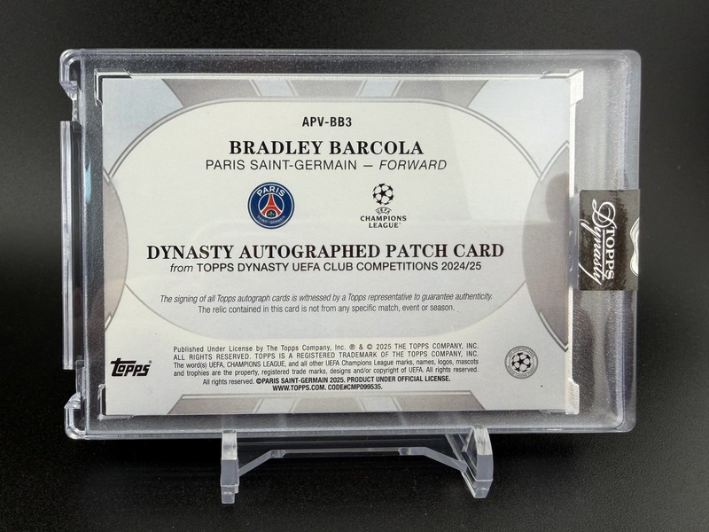 24/25 Topps Dynasty - Bradley Barcola /5 Patch Auto/  Three Color Patch/ PSG view 2