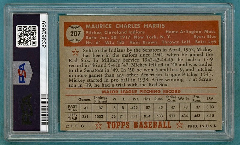 1952 Topps Mickey Harris #207 PSA 6! Indians! view 2