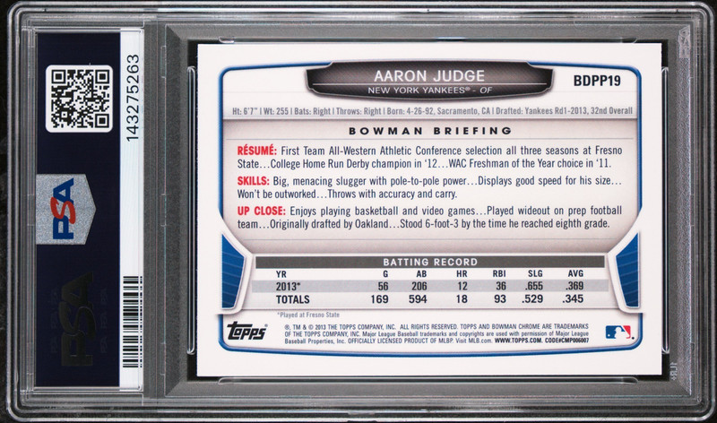 AARON JUDGE 2013 BOWMAN CHROME DPP ROOKIE RC #BDPP19 PSA 9 MINT! NY SN#143275263 view 2